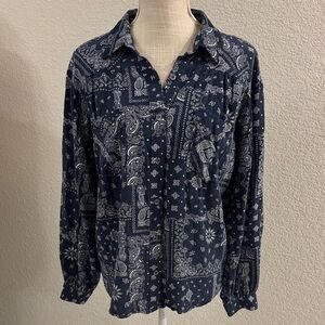Wrangler Retro Navy Blue Paisley Button-Up Shirt Size Medium